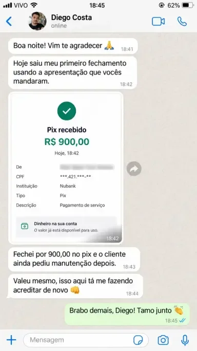 Print de conversa real: Diego Costa, R$ 900 no Pix
